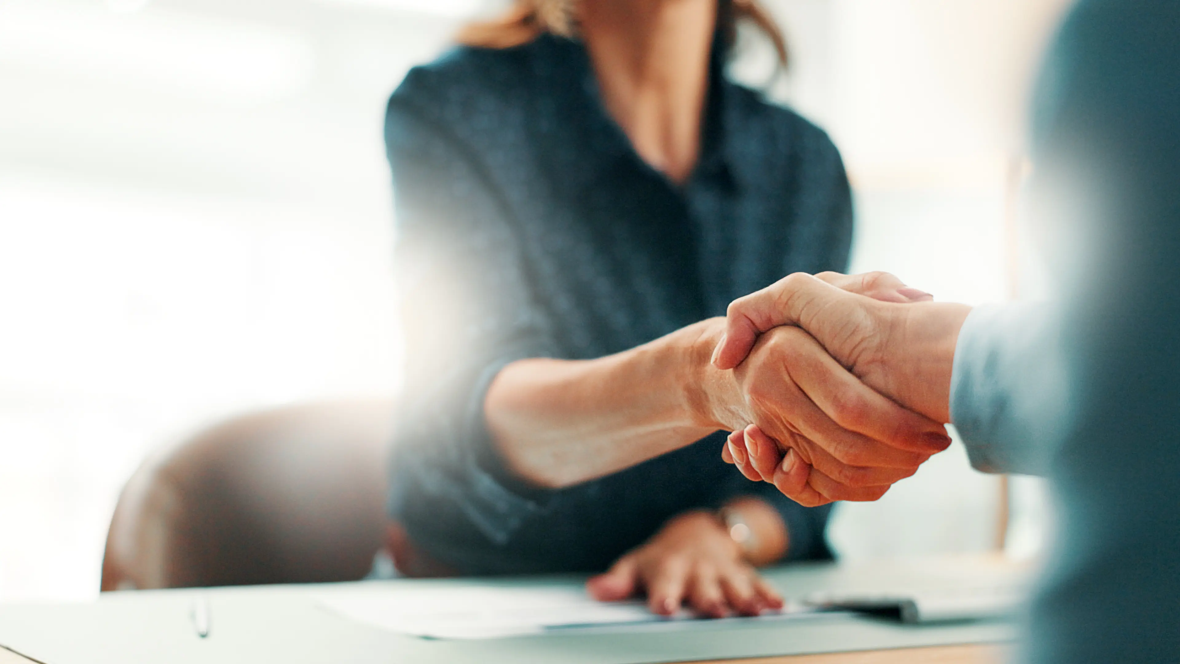 Handshake, deal and business people in office with partnership, contract or finance agreement